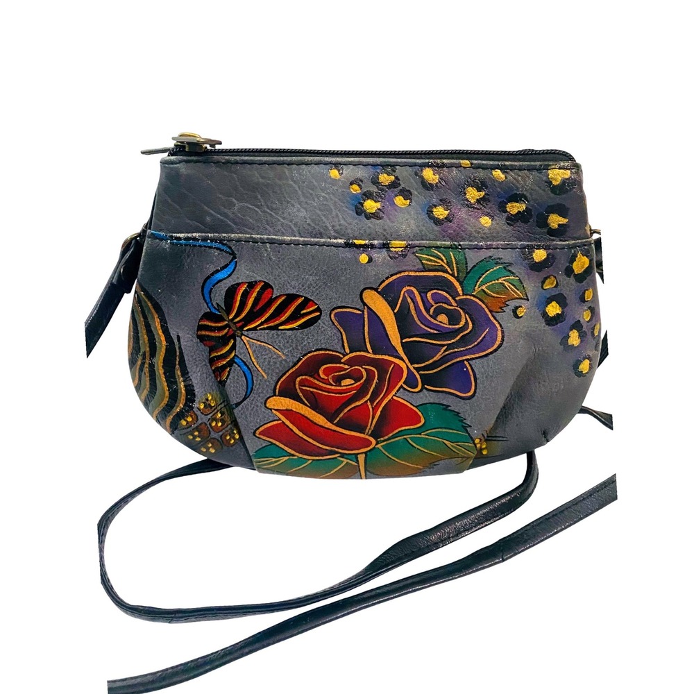 Anuschka Hand Painted Leather Crossbody Bag Rose Butterfly Leopard Print Gray